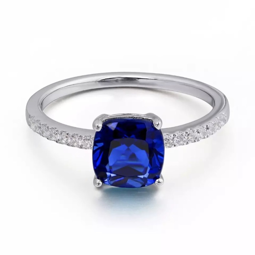 Dainty Dark Blue Sapphire Cushion Cut Silver Ring - Picture 3 of 7